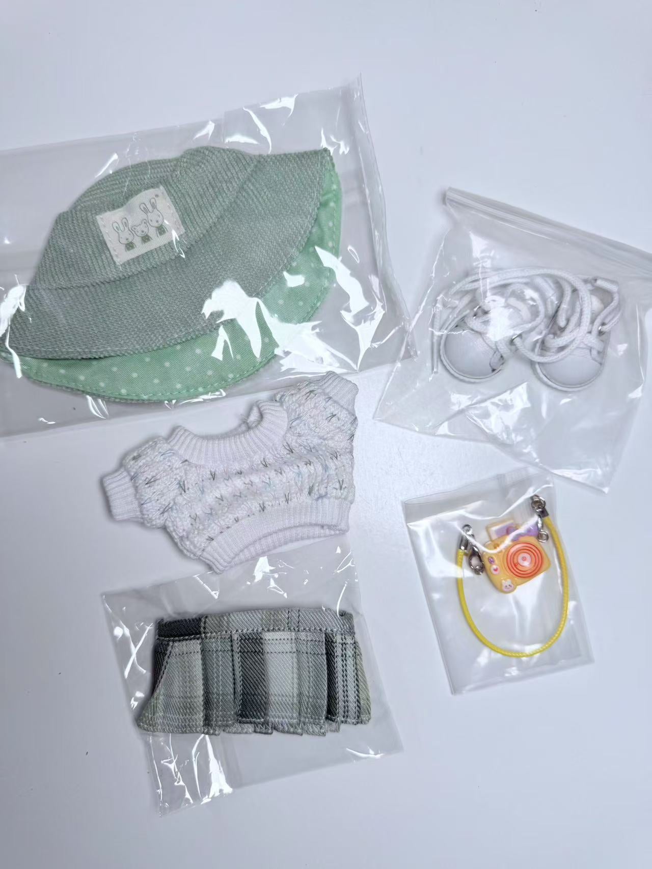 White Knited Sweater with Green JK Skirt Full Set - Labubu Clothes for Have A Seat - 2