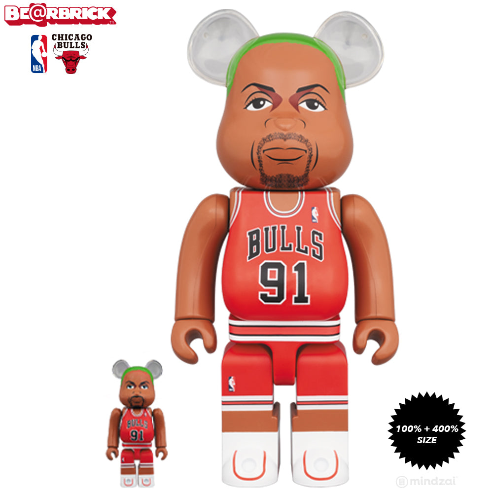 Dennis Rodman Chicago Bulls 100% + 400% Bearbrick Set by Medicom Toy x NBA