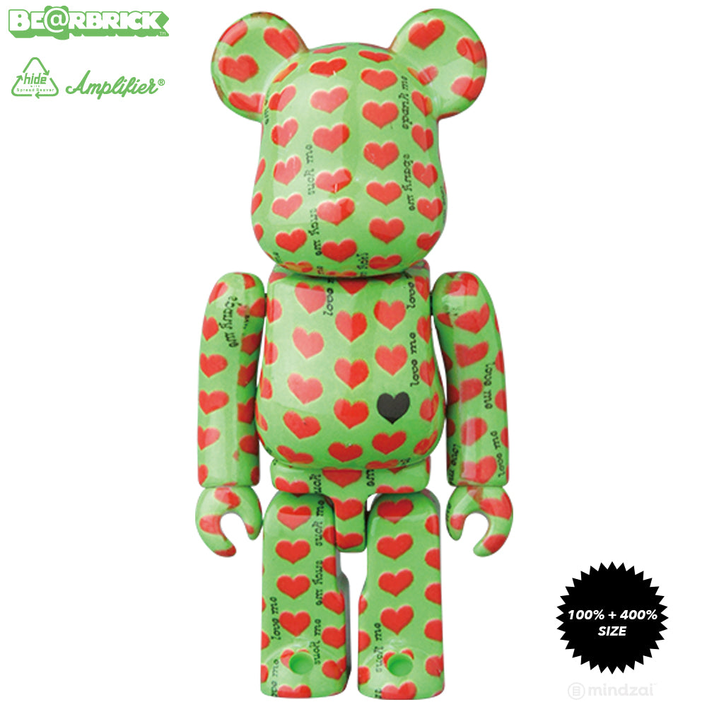 Hide Green Heart Pattern 100% + 400% Bearbrick Set by Medicom Toy
