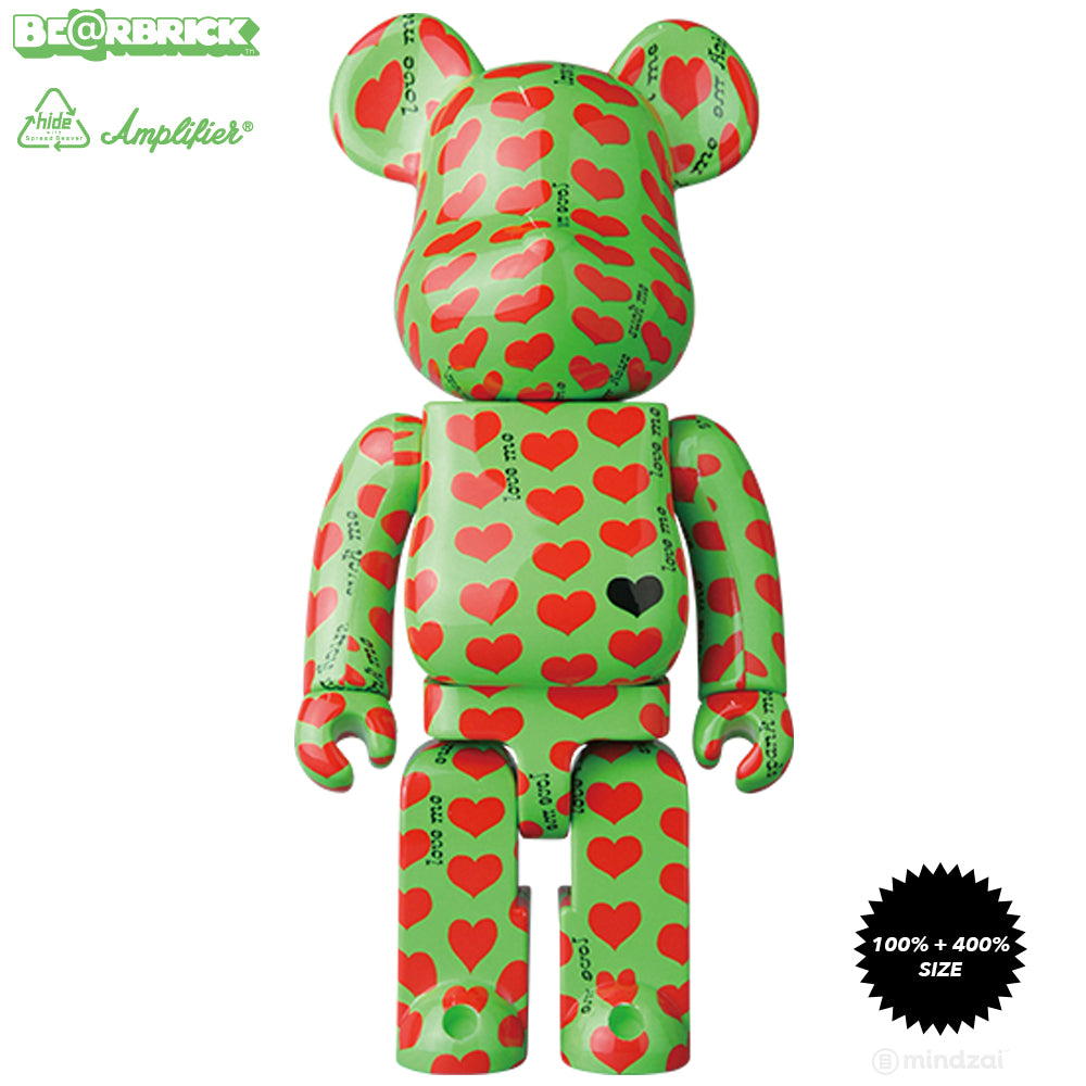 Hide Green Heart Pattern 100% + 400% Bearbrick Set by Medicom Toy