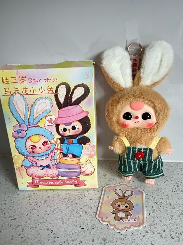 Latte Bunny w/ striped overalls- Baby Three Macaron Bunny Series - 1