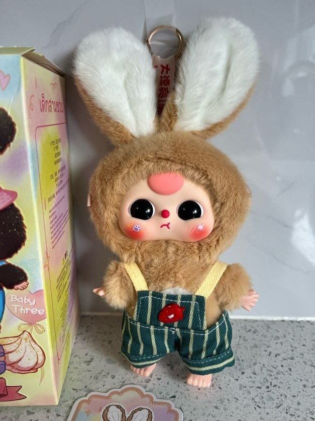 Latte Bunny w/ striped overalls- Baby Three Macaron Bunny Series - 1
