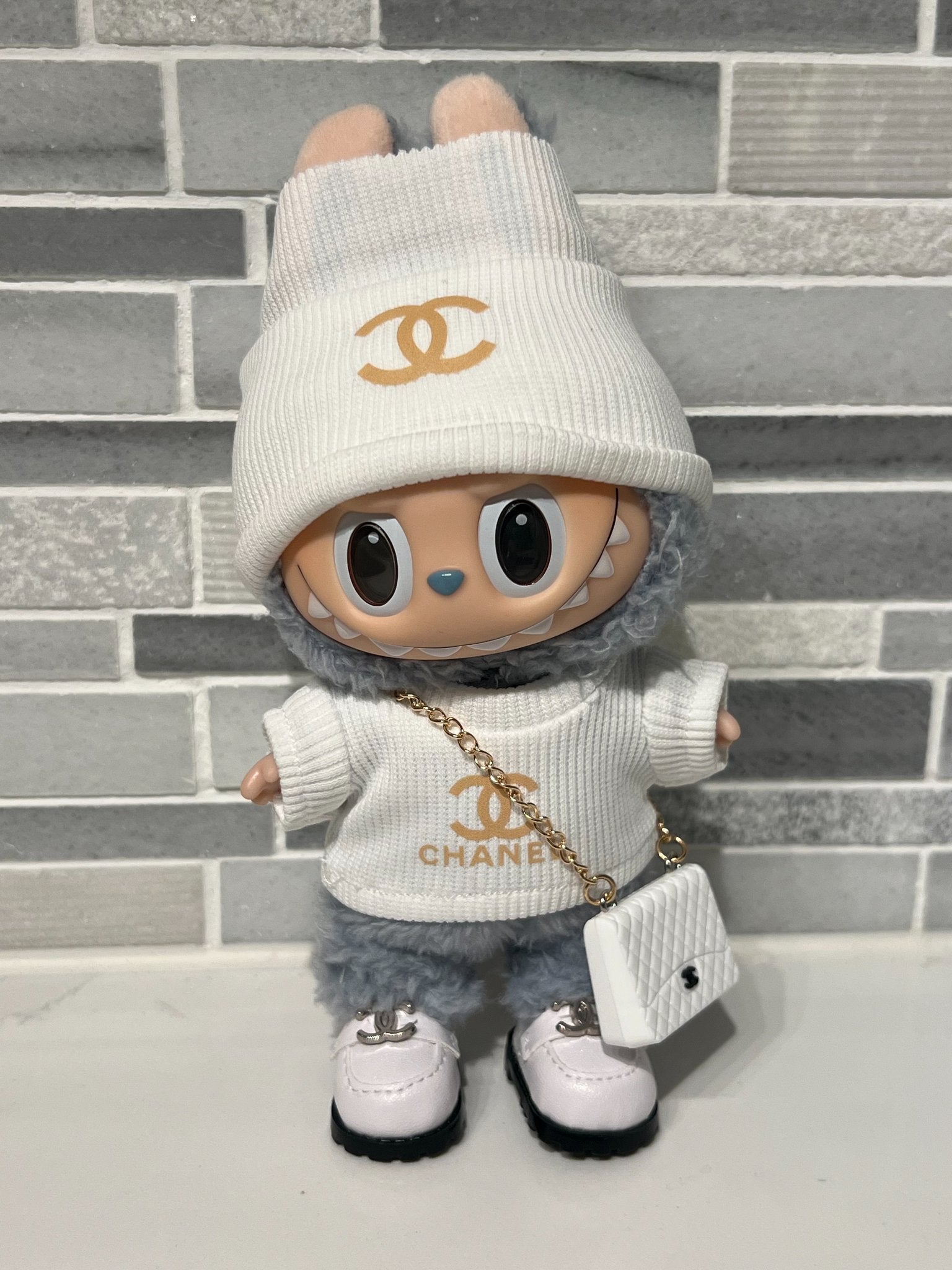 White "CC" Outfit + Bag  - Labubu Clothes for Have A Seat or Exciting Macaron  - 1