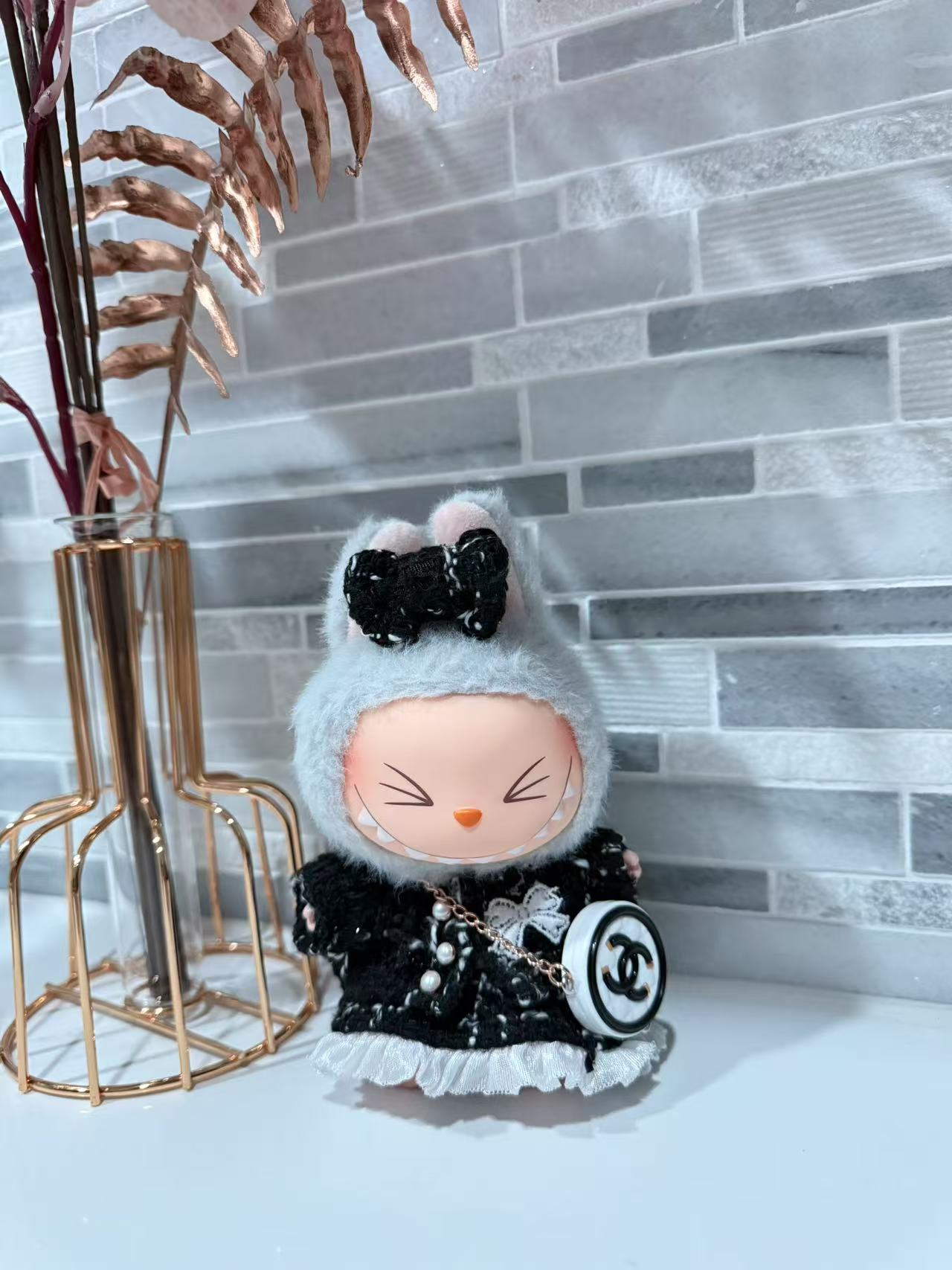 Black Jacket + Dress + Bow + Bag - Labubu Clothes for Have A Seat