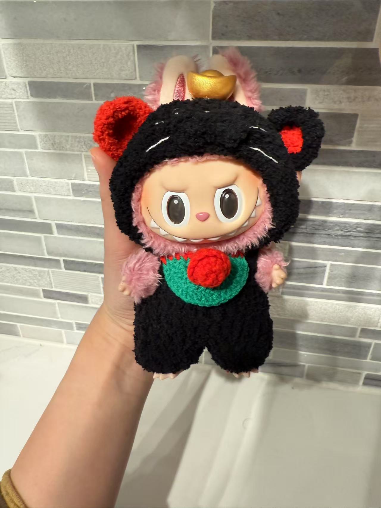 Crochet Black Lucky Mouse - Labubu Clothes For Exciting Macaron