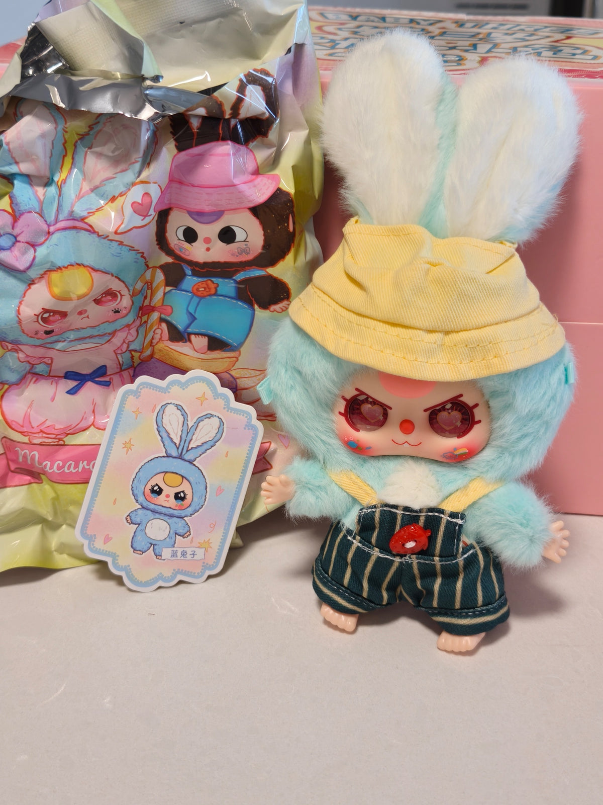 Blue Bunny with Special Heart Eyes and Green Overalls - Macaron Cute Bunny Plush Pendant - Baby Three