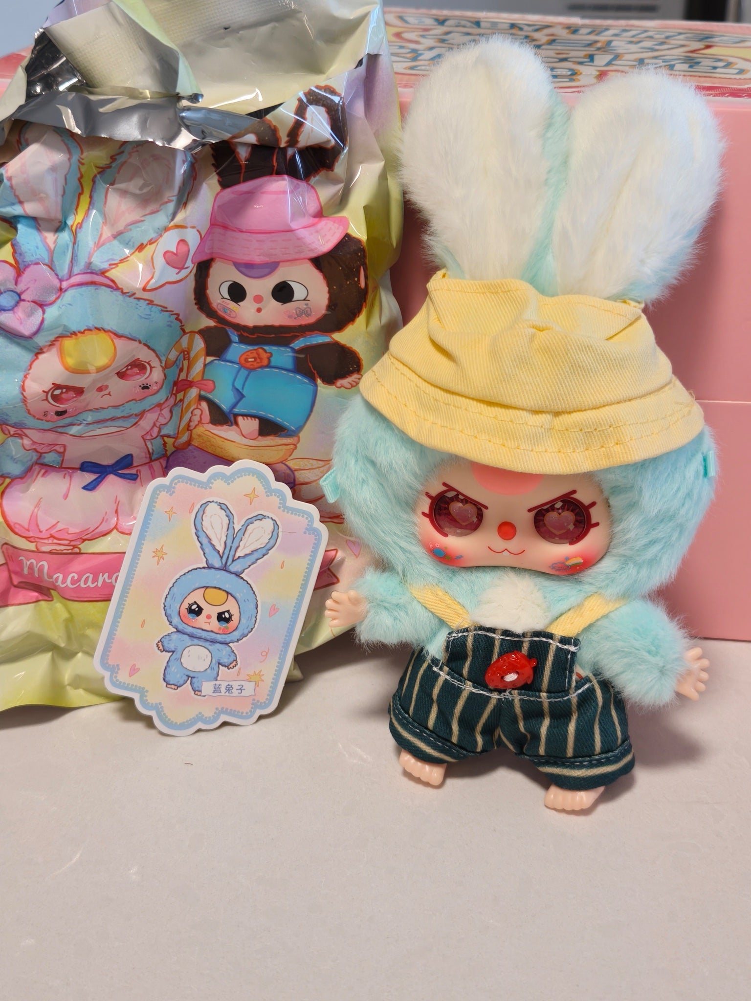 Blue Bunny with Special Heart Eyes and Green Overalls - Macaron Cute Bunny Plush Pendant - Baby Three