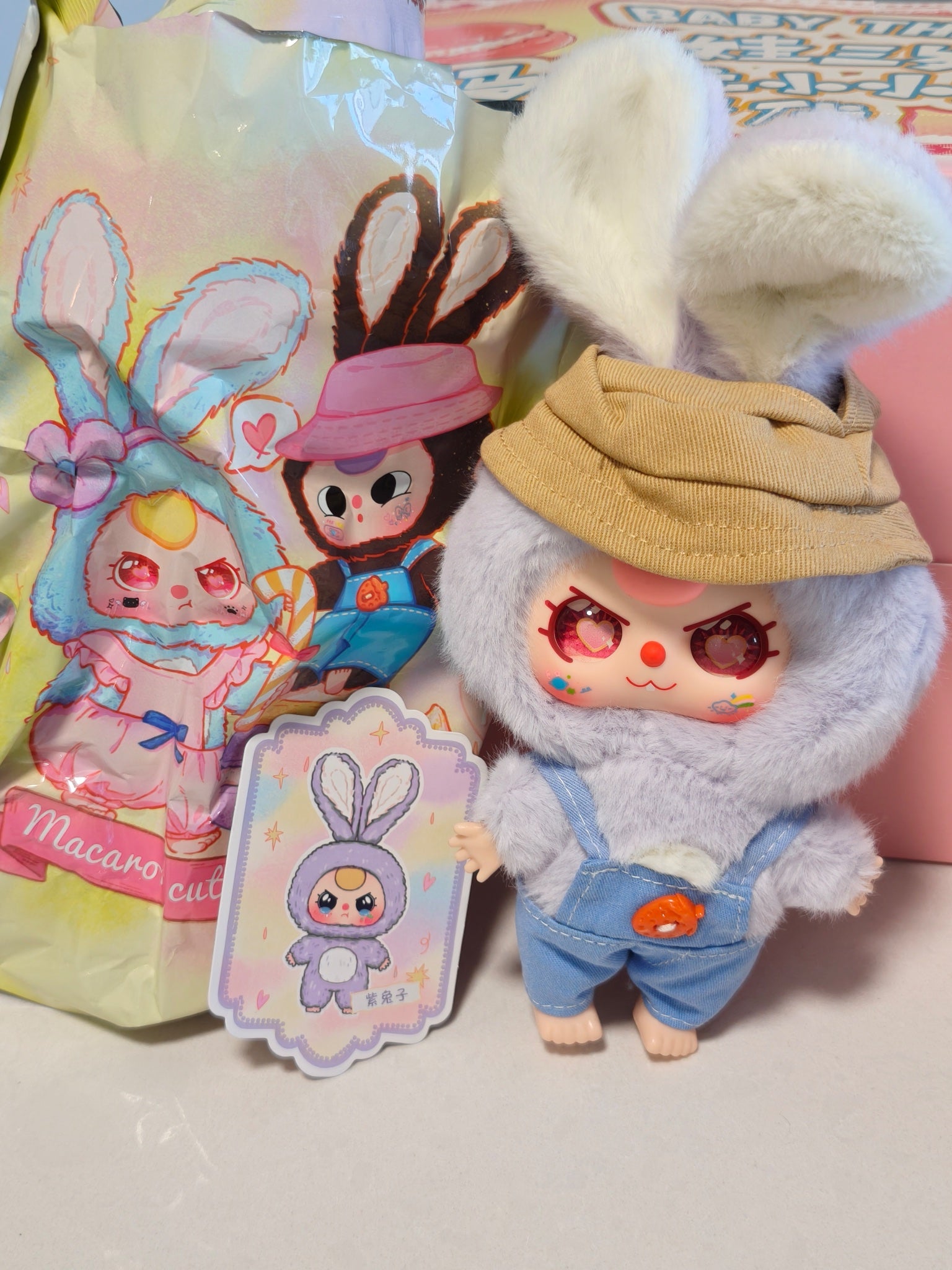 Purple with Heart Eyes - Tan Hat Blue Overalls - Macaron Cute Bunny Plush Pendant - Baby Three