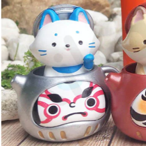 Happiness (Blue Cat, Silver Teapot) - Teapot Fox Daruma Series by JINART
