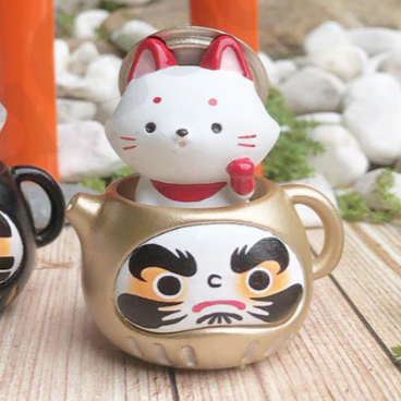 Prosperity (Red Cat, Gold Teapot) - Teapot Fox Daruma Series by JINART
