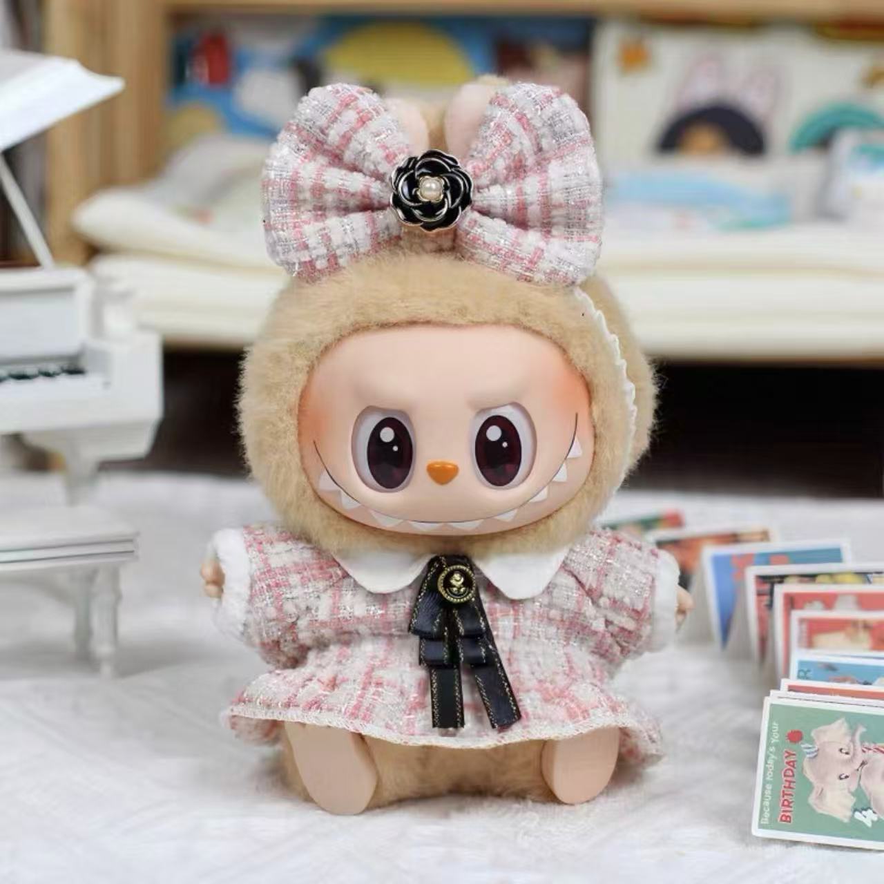 Pink Dress + Bow - Labubu Clothes suitable for Have A Seat - Mindzai Toy Shop Pink Dress + Bow - Labubu Clothes suitable for Have A Seat - Mindzai Toy Shop