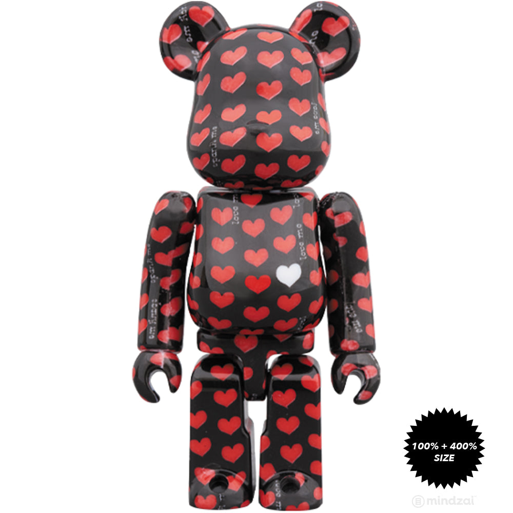 Hide Black Heart Pattern 100% + 400% Bearbrick Set by Medicom Toy