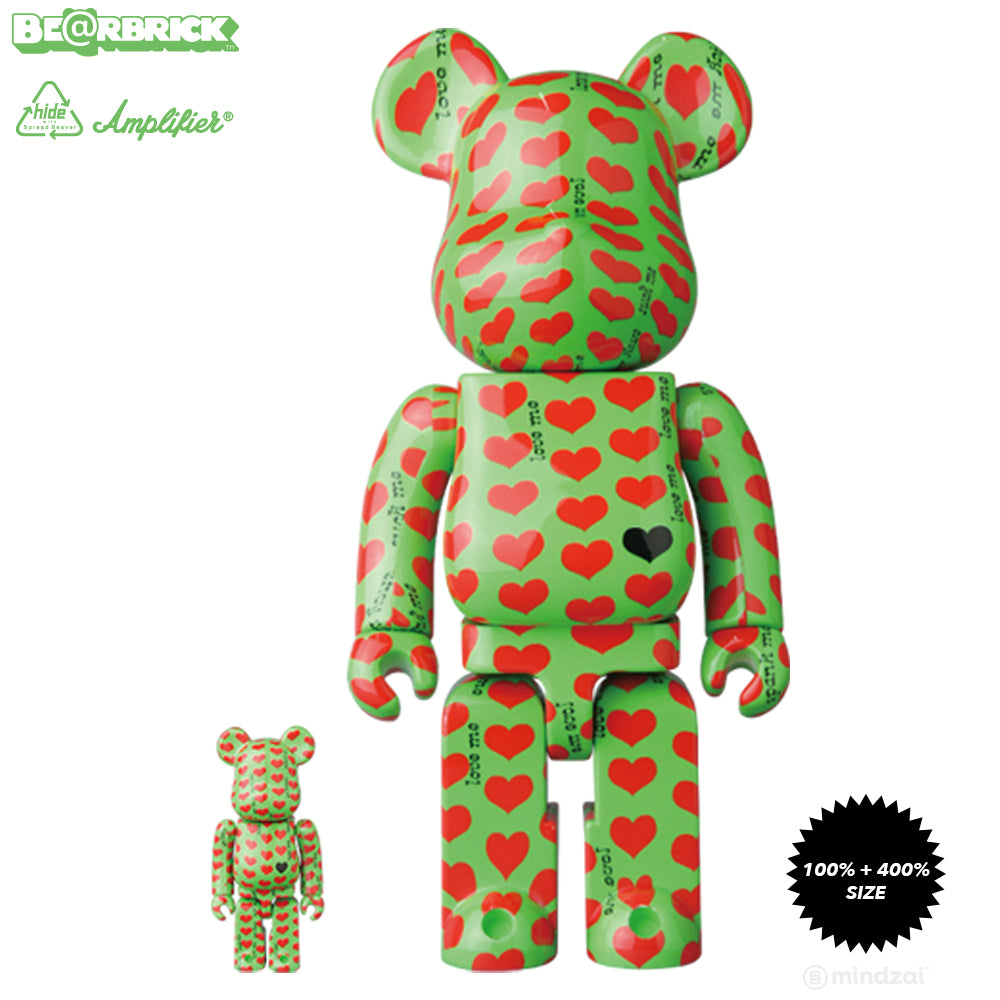 Hide Green Heart Pattern 100% + 400% Bearbrick Set by Medicom Toy