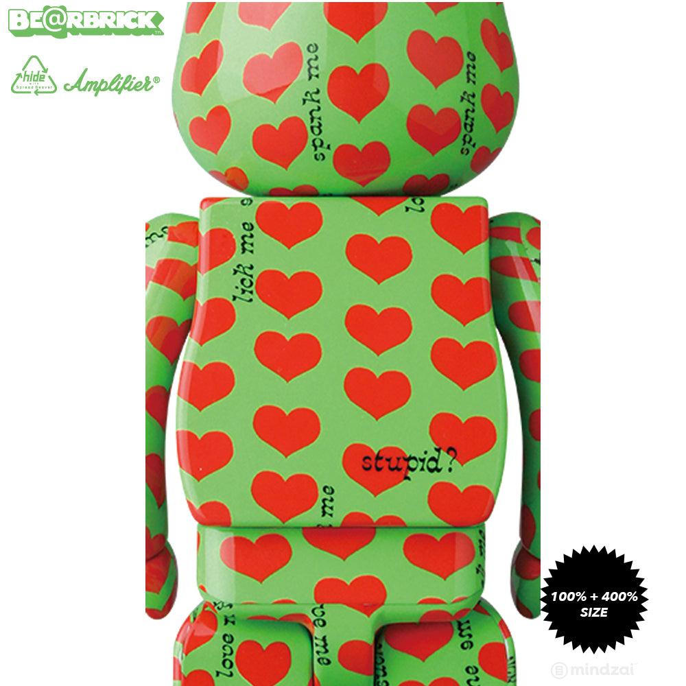 Hide Green Heart Pattern 100% + 400% Bearbrick Set by Medicom Toy