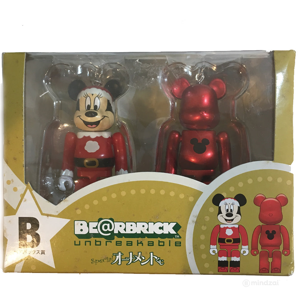 Disney Bearbrick Unbreakable - Happy Kuji - Minnie Mouse Santa Suit and Mickey Logo Red Metallic Version (2 PK) 100% Size